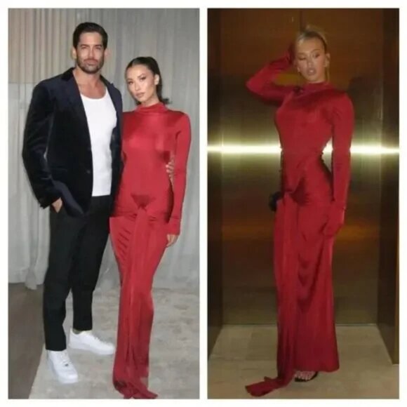 NWT Helsa Studio Red Slinky Jersey Sarong Long Sleeve Maxi Dress size M - Picture 2 of 13